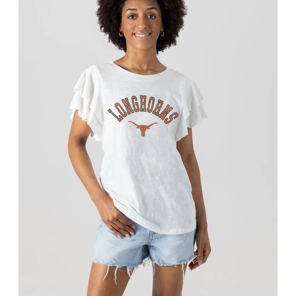 Women's White Longhorns Ruffle Sleeve Tee